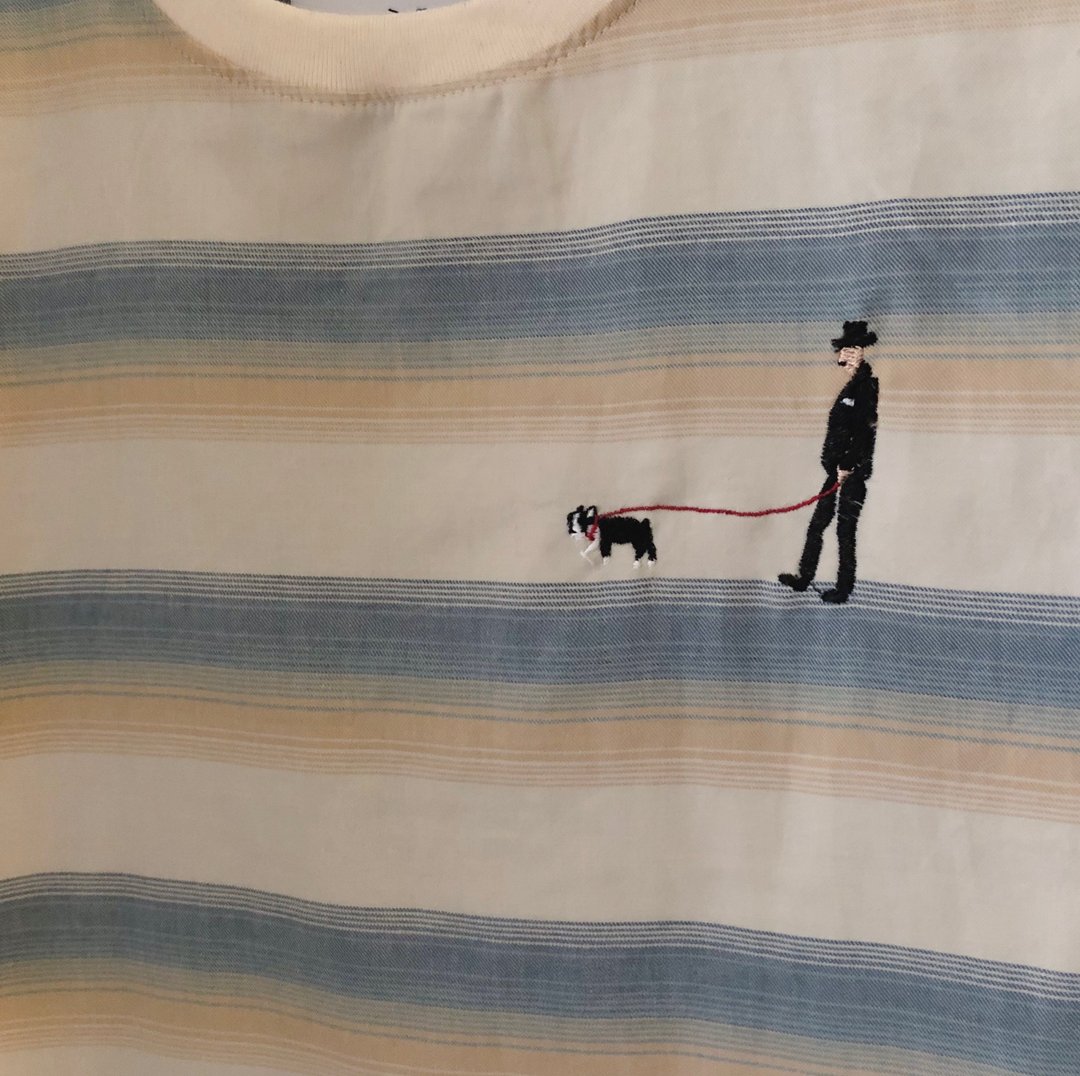 French Bulldog with a man-Embroidery / Vintage Striped Top - 女装上衣 - 棉 多色