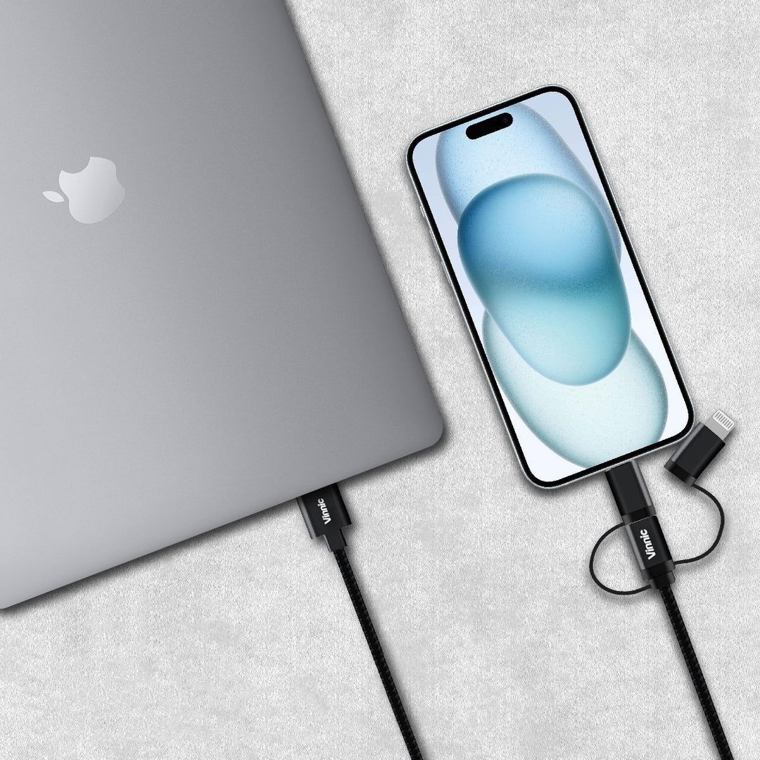 Vinnic MFi认证 3-In-1 USB-A 传输充电线 - 手机配件 - 尼龙 黑色