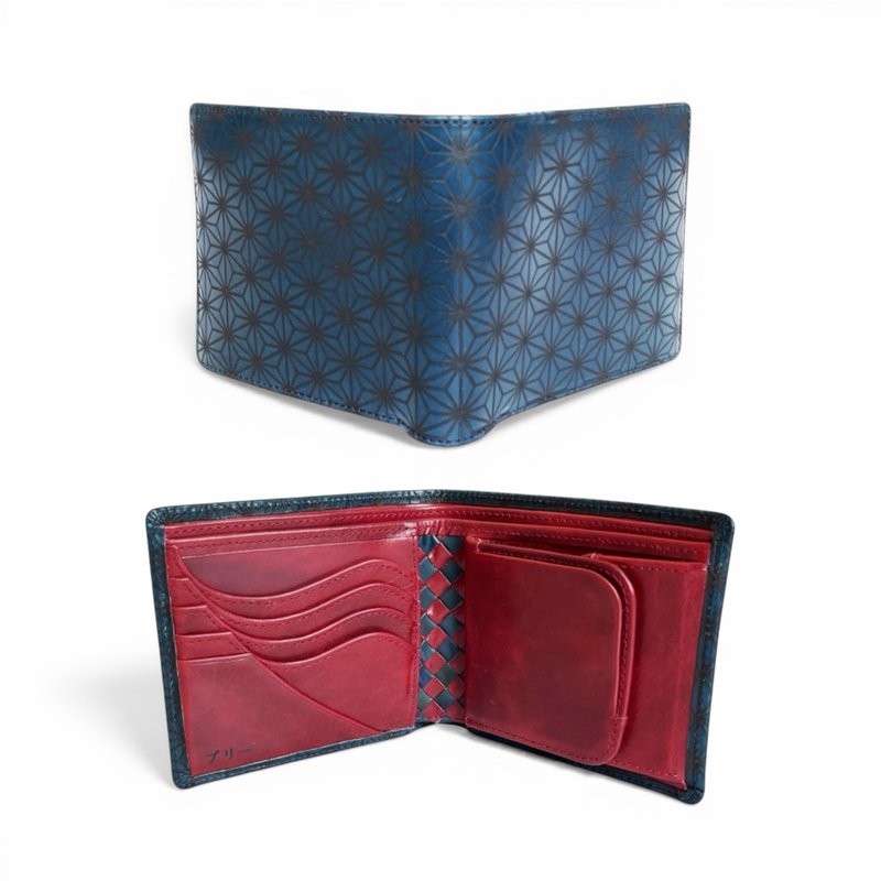 日本制麻叶图案艺术皮夹 Buttero x Barolo 驼色双折皮夹 - 皮夹/钱包 - 真皮 蓝色
