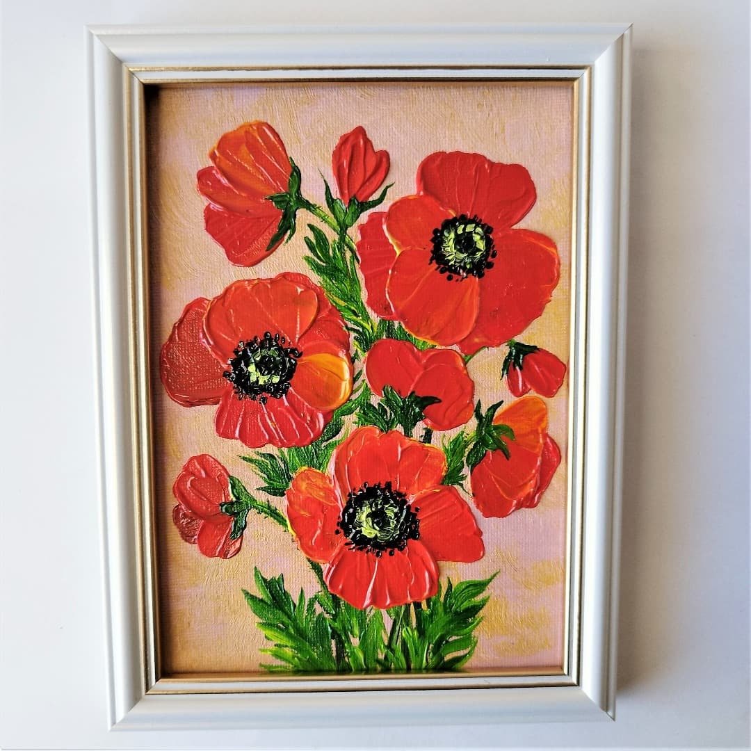 Poppies Bouquet Painting 畫 Floral Wall Decoration Red poppy Flowers Artwork 油畫 - 墙贴/壁贴 - 压克力 红色