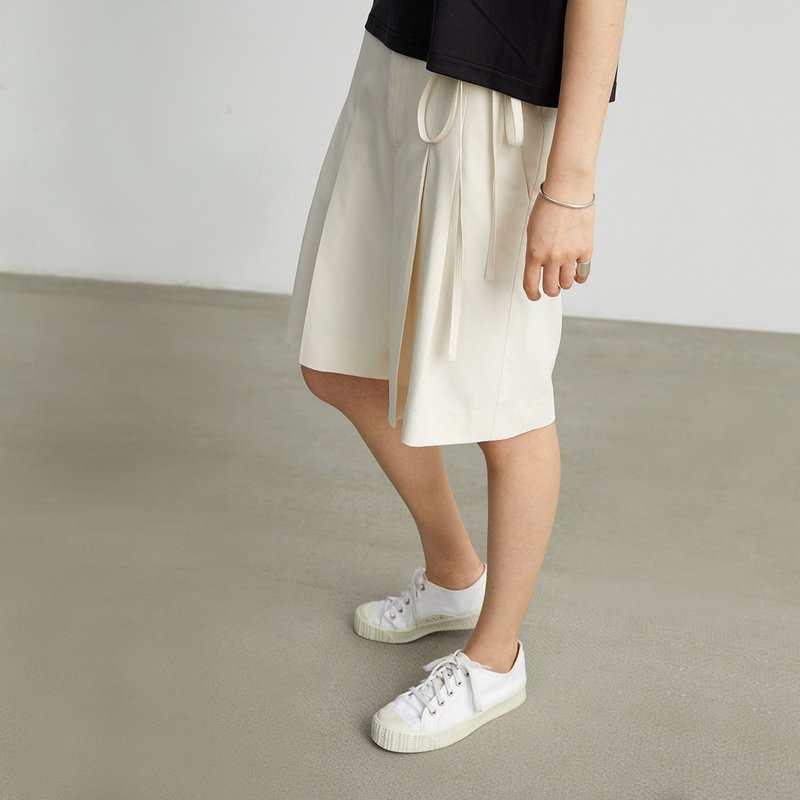 米白丝毛裥褶系绳宽松女五分短裤中裤 夏季 杲果GAOGUO原创 - 女装短裤 - 丝．绢 白色