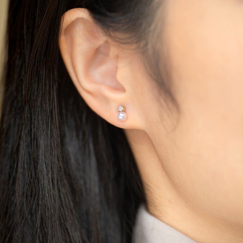 Akoya 日本海水珍珠钻石 18K 耳钉 - 耳环/耳夹 - 宝石 白色