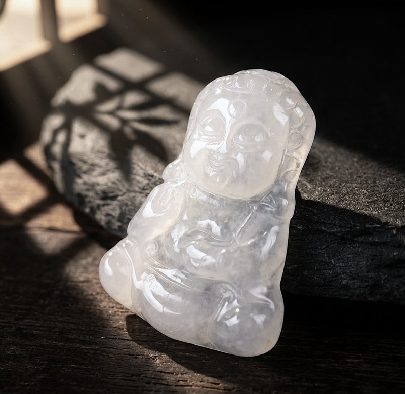 冰种翡翠精雕宝宝佛 | 天然缅甸玉翡翠A货 | 送礼 - 吊饰 - 玉石 透明