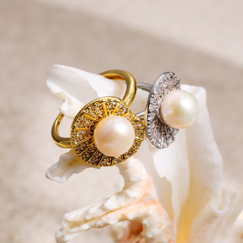 白色淡水珍珠开口戒指 8-9mm 金色/银色不规则CZ荷叶戒指 S434 - 戒指 - 珍珠 白色