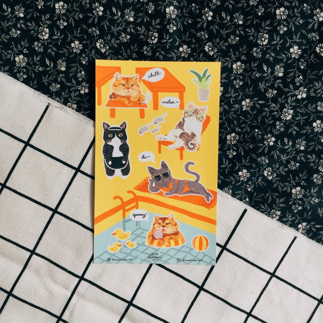 小猫与游泳池贴纸 - 贴纸 - 纸 多色