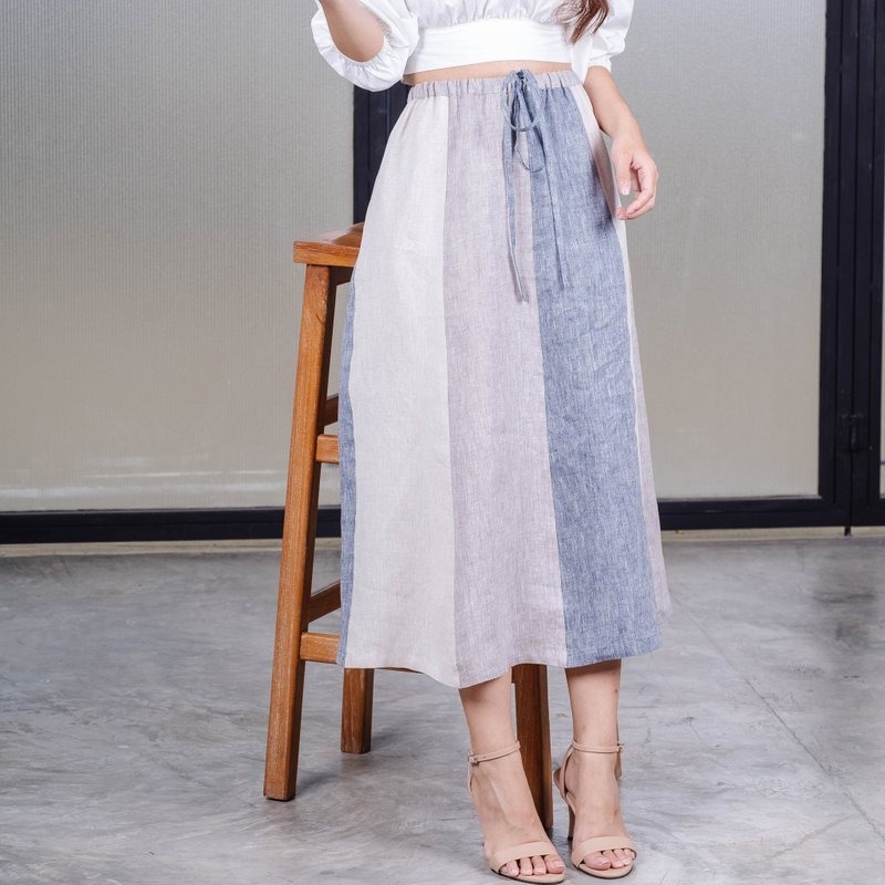Natural Linen Long Skirts with Patchwork Detail - Multicolor Beige/Grey/Natural - 裙子 - 亚麻 多色