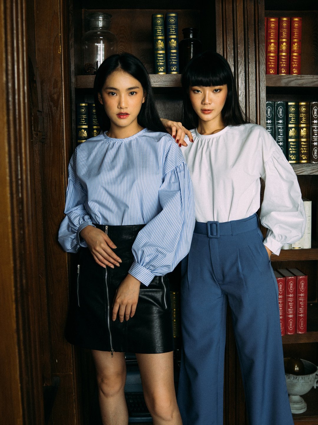 BLUE STRIPE BUBBLE SLEEVE BLOUSE - 女装上衣 - 棉 蓝色