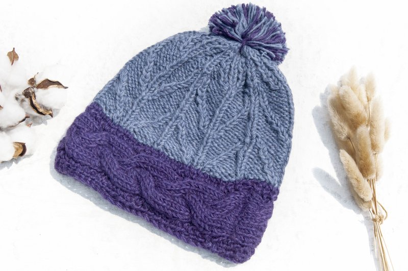 登山帽 露营帽 旅行帽 雪花帽 撞色毛线帽  圣诞礼物 手工编织纯羊毛帽/编织帽/针织毛帽/内刷毛手织毛帽/毛线帽-芋头 - 帽子 - 羊毛 多色