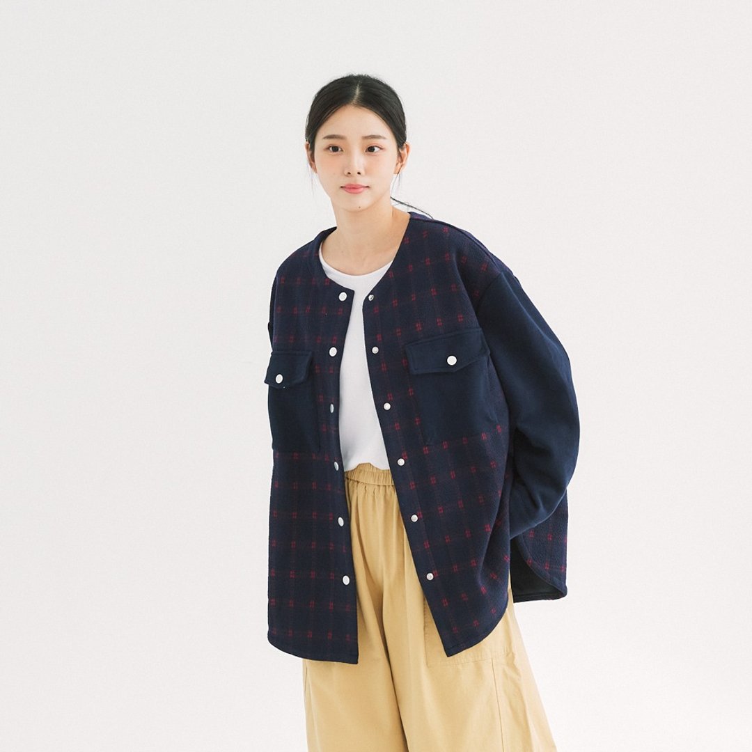 【Simply Yours】格子针织拼接外套 蓝F - 女装休闲/机能外套 - 其他材质 蓝色