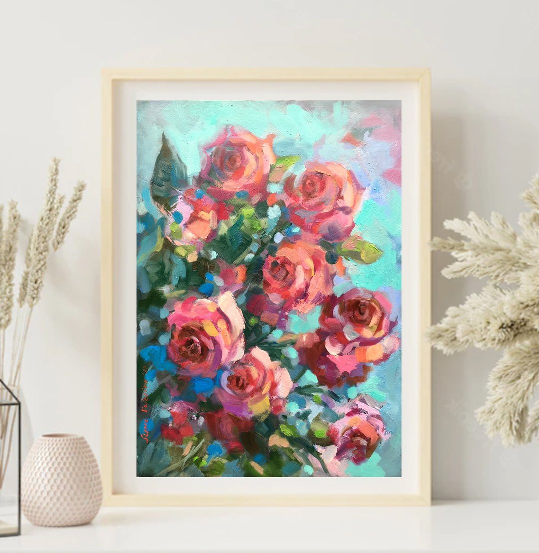 画布上的花卉画粉红玫瑰花卉原创油画 - 墙贴/壁贴 - 其他材质 红色