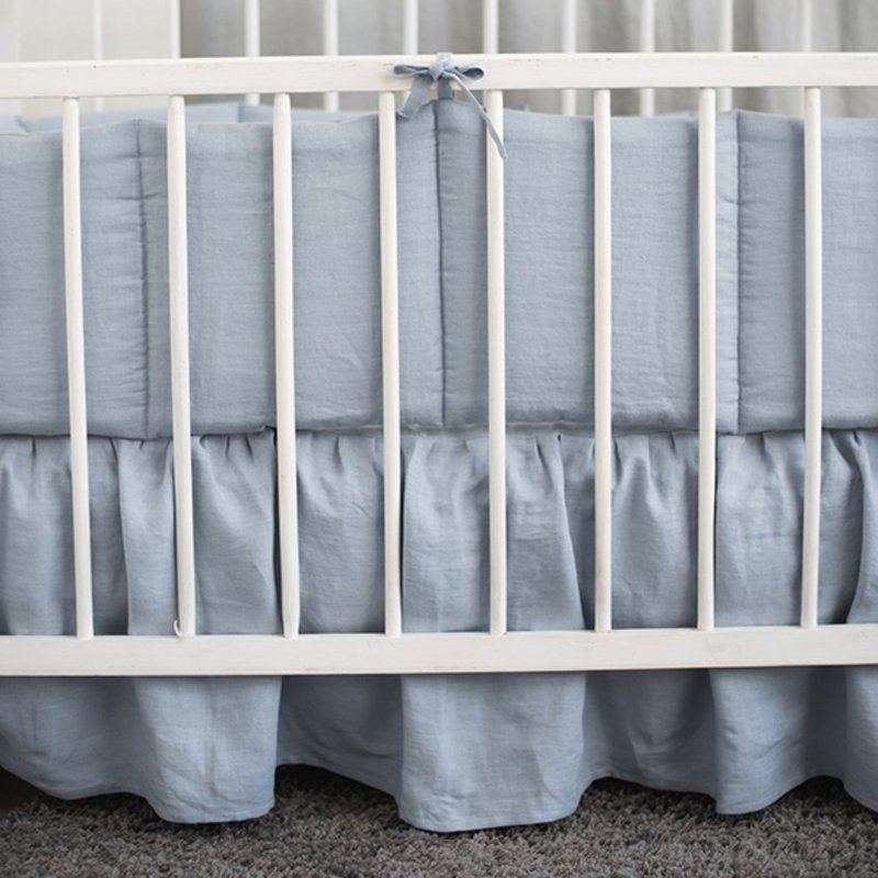 LINEN (flax) blue Crib skirt - Baby cot crib skirt - 寝具 - 亚麻 蓝色