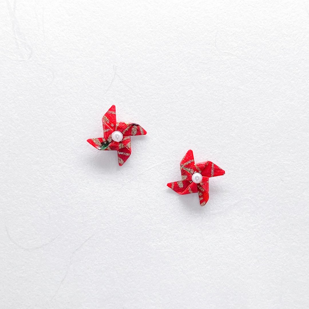 Chearrings | Origami 日本和纸 手工折纸 风车耳环 | 款式 W001 - 耳环/耳夹 - 纸 红色