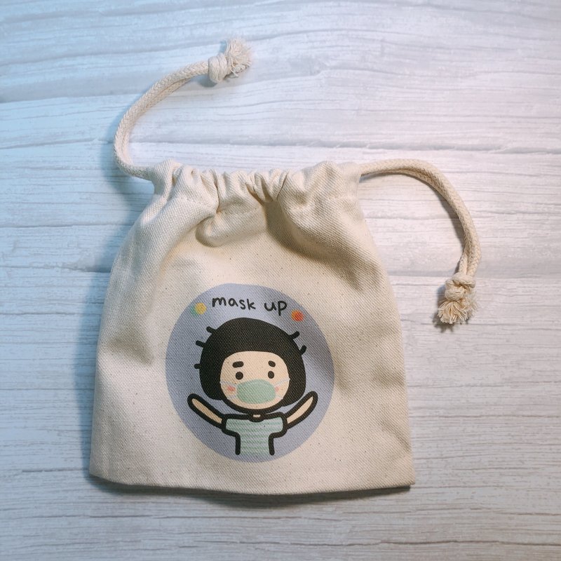口罩收纳 手绘束口收纳袋 束口袋 18cm*19cm - 化妆包/杂物包 - 其他人造纤维 白色