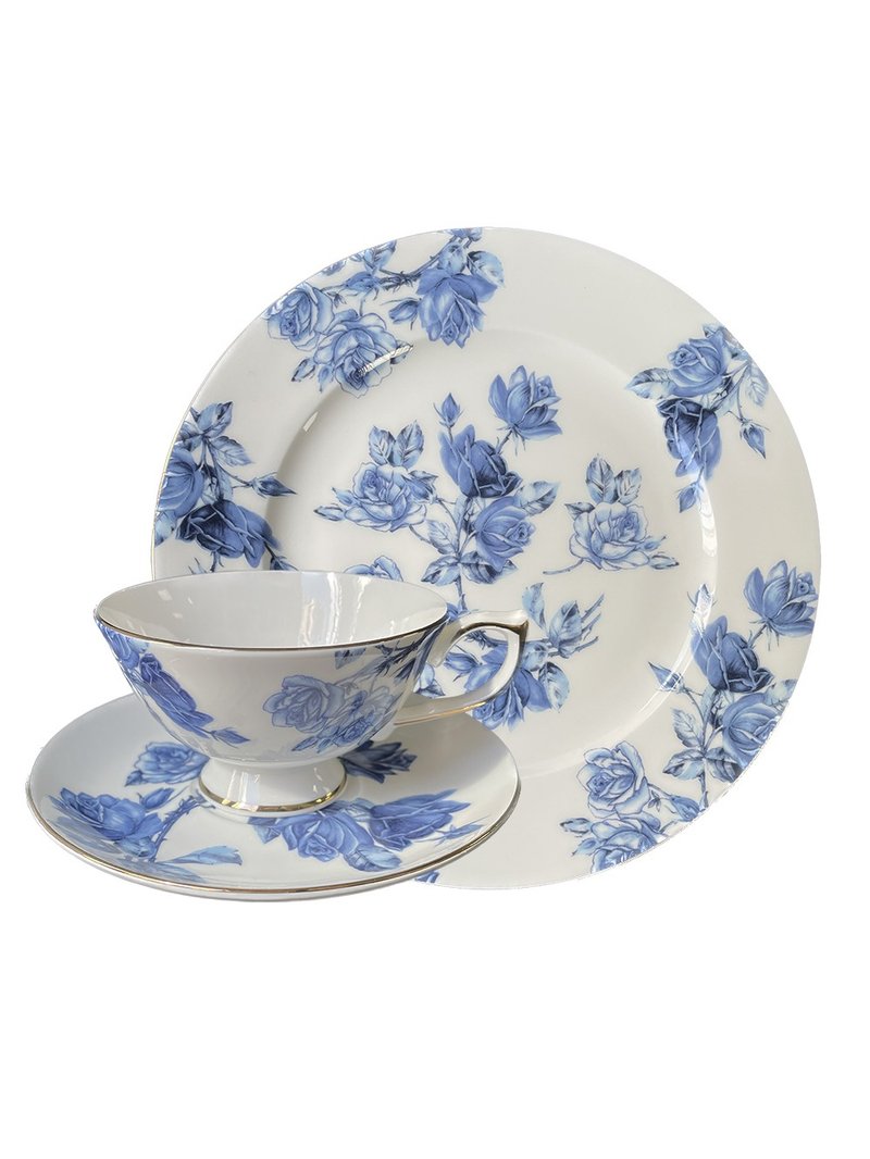 英国Aynsley 蓝玫瑰系列 组合优惠价 骨瓷餐盘+奥本/雅典杯盘组 - 茶具/茶杯 - 瓷 蓝色