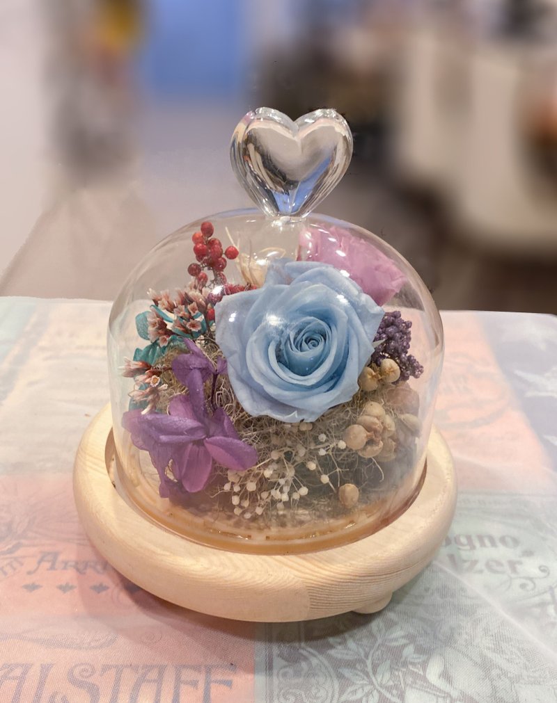 永生花玻璃盅 夜灯 永生玫瑰 爱心款  防尘罩 - 干燥花/捧花 - 玻璃 蓝色