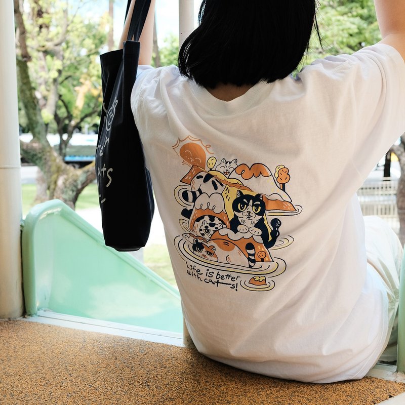 白色猫岛 T / 白天猫岛 - 女装 T 恤 - 棉．麻 白色