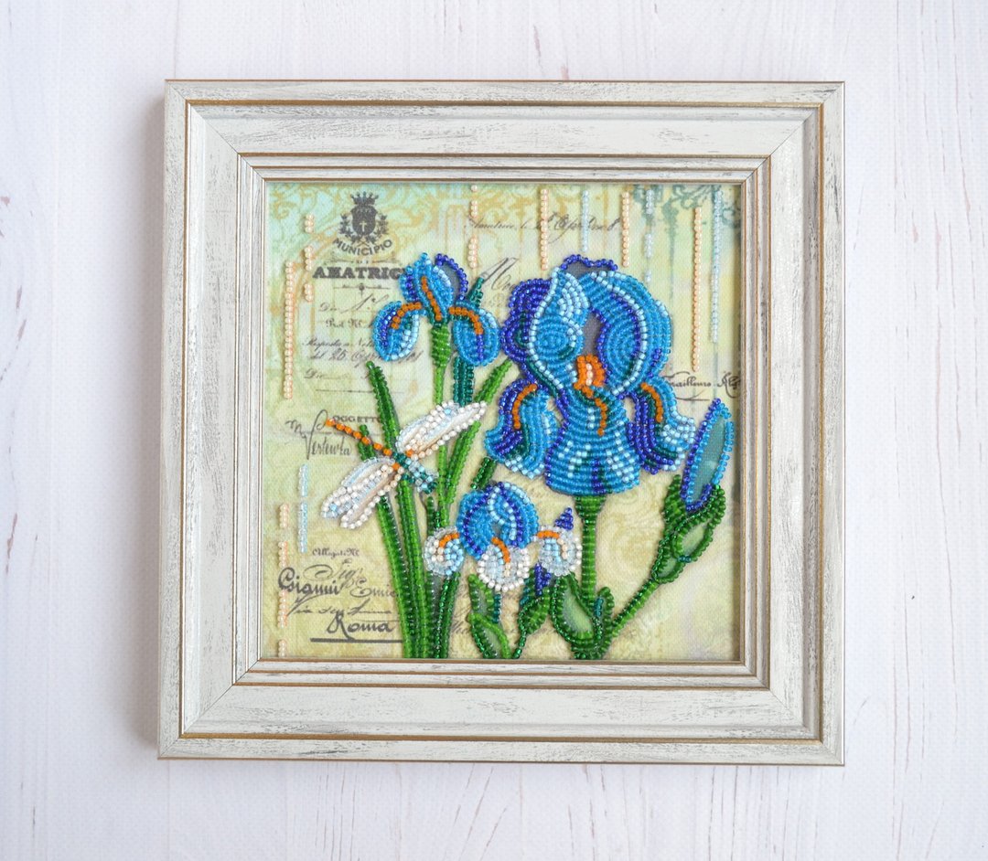 Blue iris flower handmade bead embroidered framed picture, Floral wall art - 墙贴/壁贴 - 其他材质 蓝色