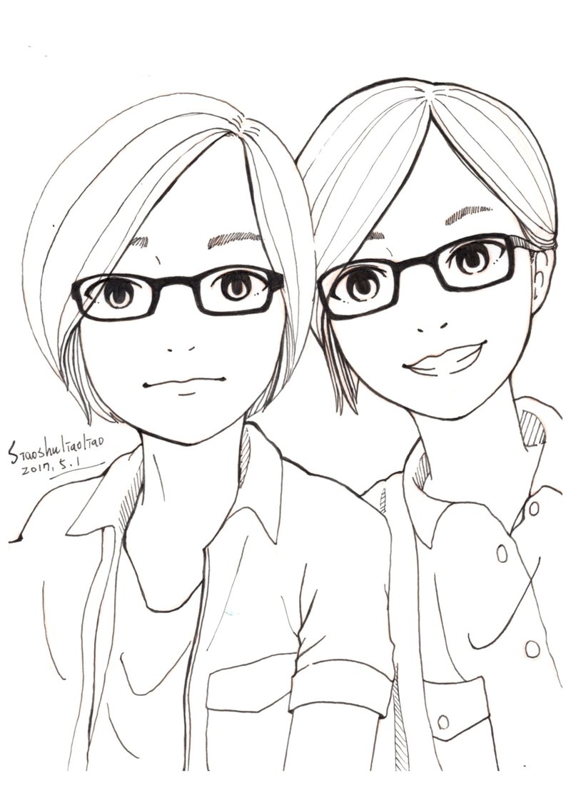 A5-订制画/肖像绘/黑白线稿(双人)-DIY着色 - 订制画像 - 纸 黑色