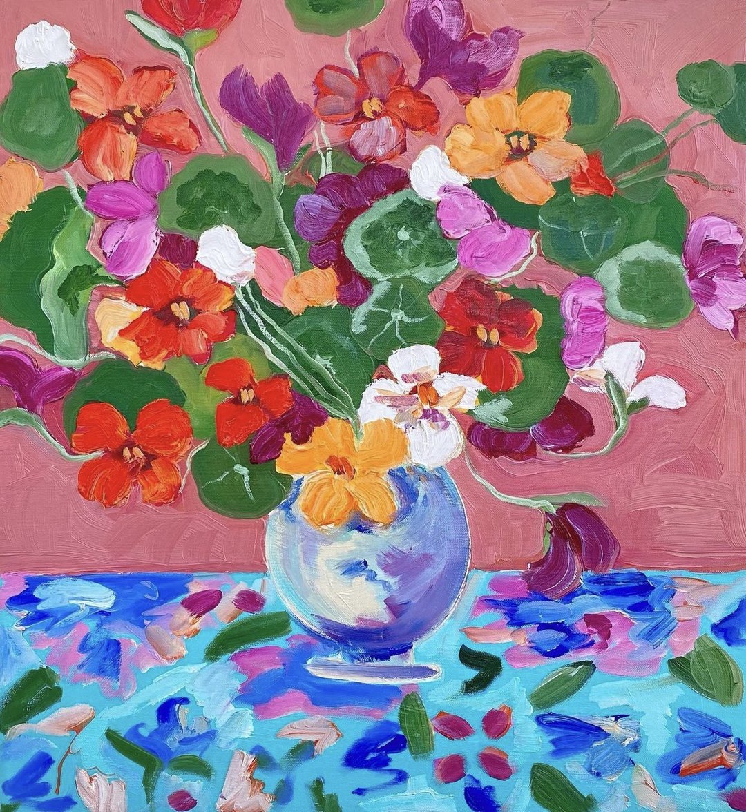 定制蓝色花瓶中的金莲花 静物与鲜花 马蒂斯灵感的花卉画 - 墙贴/壁贴 - 其他材质 粉红色
