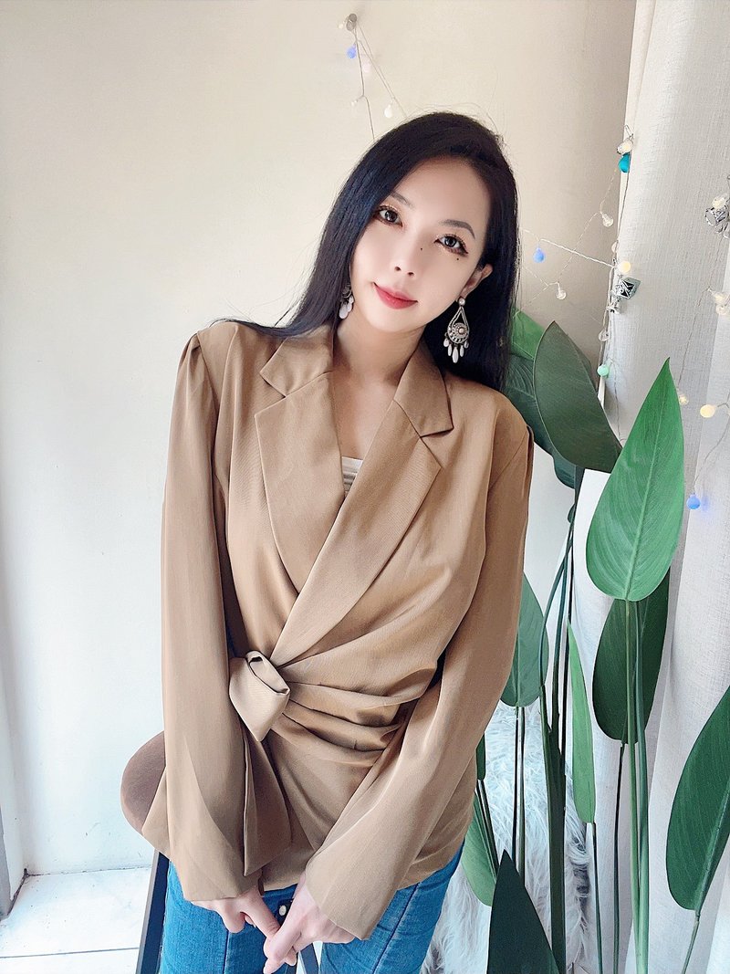 卡其色侧绑式华丽宫廷澎澎肩 薄料上衣衬衫 古着 古董 vintage - 女装休闲/机能外套 - 聚酯纤维 卡其色