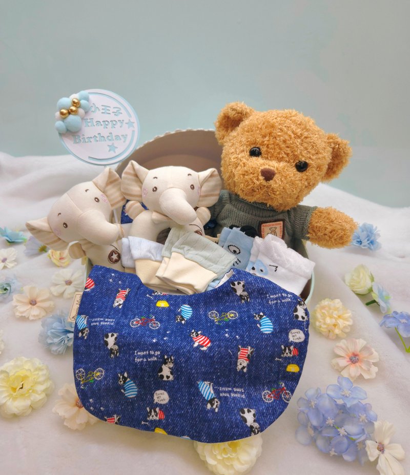 牛仔狗狗摇篮满月礼/弥月礼盒/生日/新生儿/送礼/口水巾 - 围嘴/口水巾 - 棉．麻 蓝色