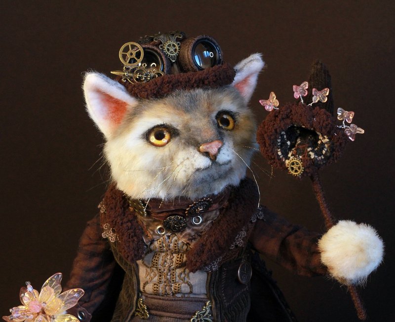 OOAK Steampunk Cat Doll, Winston the Cat Stuffed Faux Fur Doll - 玩偶/公仔 - 其他材质 多色