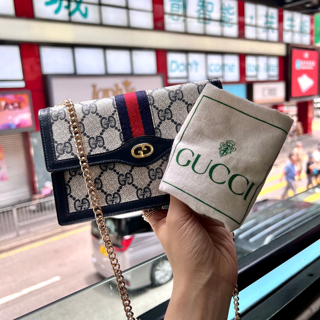 【日本中古】Vintage Gucci 1980's 老花迷你包 WOC 附原装尘袋 - 化妆包/杂物包 - 真皮 蓝色