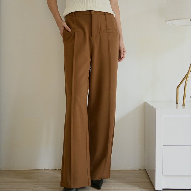 直褶显瘦修长-落地厚棉西装宽裤-棕色 - 女装长裤 - 聚酯纤维 咖啡色
