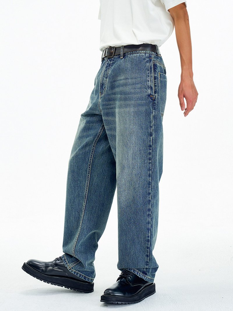 赤耳丹宁水洗复古宽松直筒红边牛仔裤男士休闲裤潮 - 男士长裤 - 棉．麻 蓝色