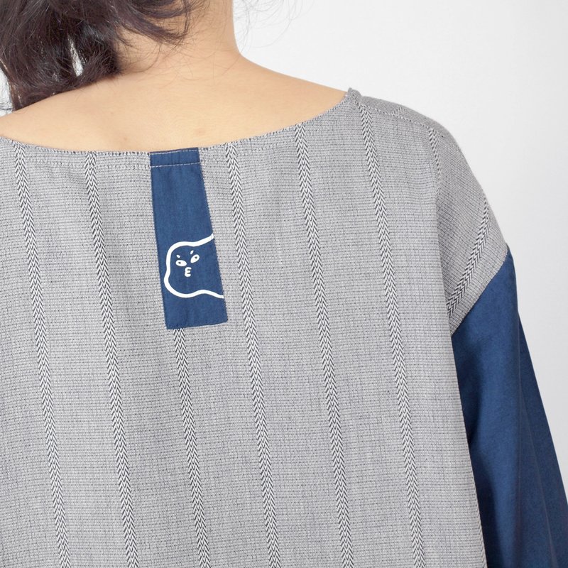 【HEYSUN】无拘无束，漂泊的云拼接上衣/长袖T-shirt - 女装上衣 - 棉．麻 蓝色