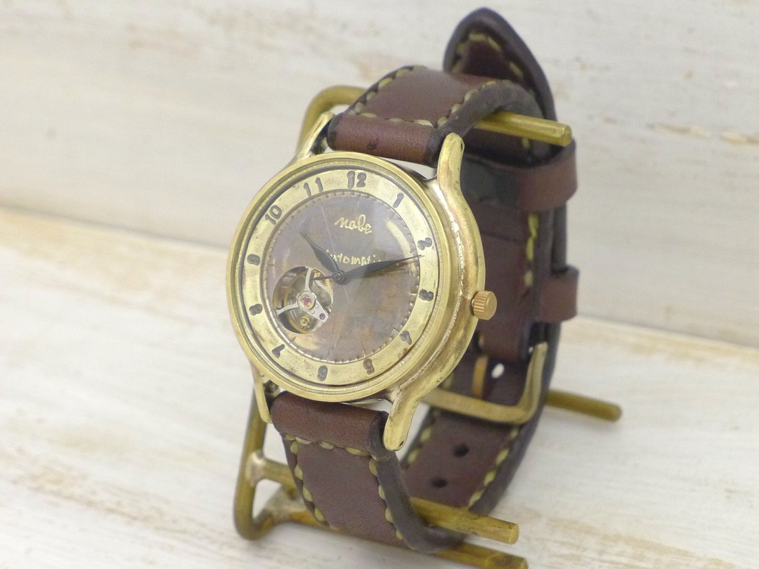 Handmade Watch Automatic Open Heart 36mm Brass (Brass) Arabic Numerals Hand-sewn Band (BAM060 Arabic) - 女表 - 铜/黄铜 金色
