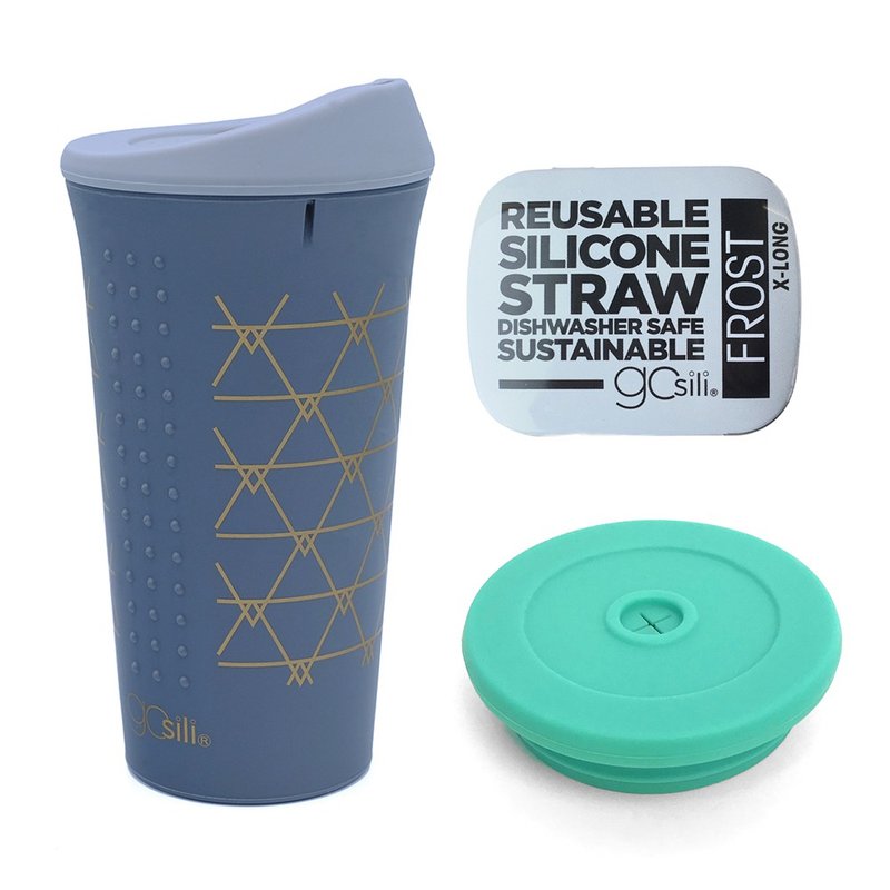美国GoSili铂金硅胶(16oz)随行杯(金曜灰)+吸管杯盖+27cm口袋组 - 咖啡杯/马克杯 - 硅胶 灰色