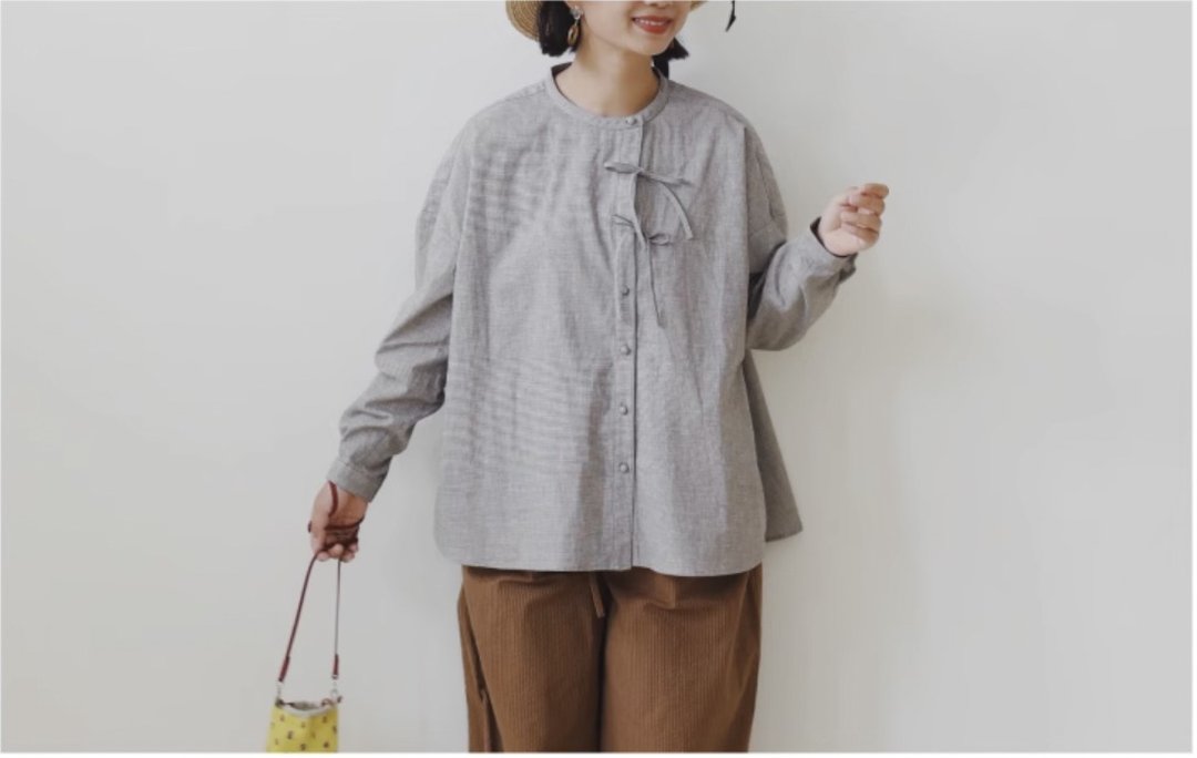 yarn dyed shirt 日产色织全棉系带衬衫 - 女装衬衫 - 棉 灰色