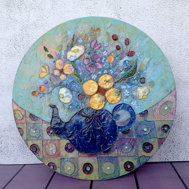 Wildflowers Handmade Painting, Original Wall Art, Acrilic Painting, Round art - 墙贴/壁贴 - 其他材质 多色