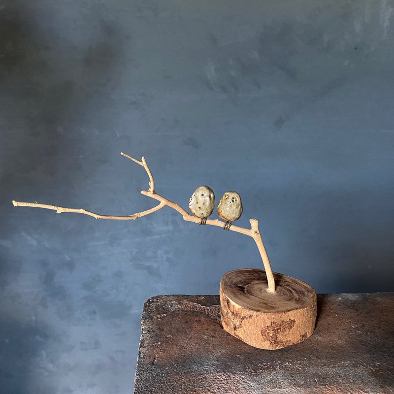枝头恋人 淡墨绿猫头鹰 - 摆饰 - 陶 卡其色