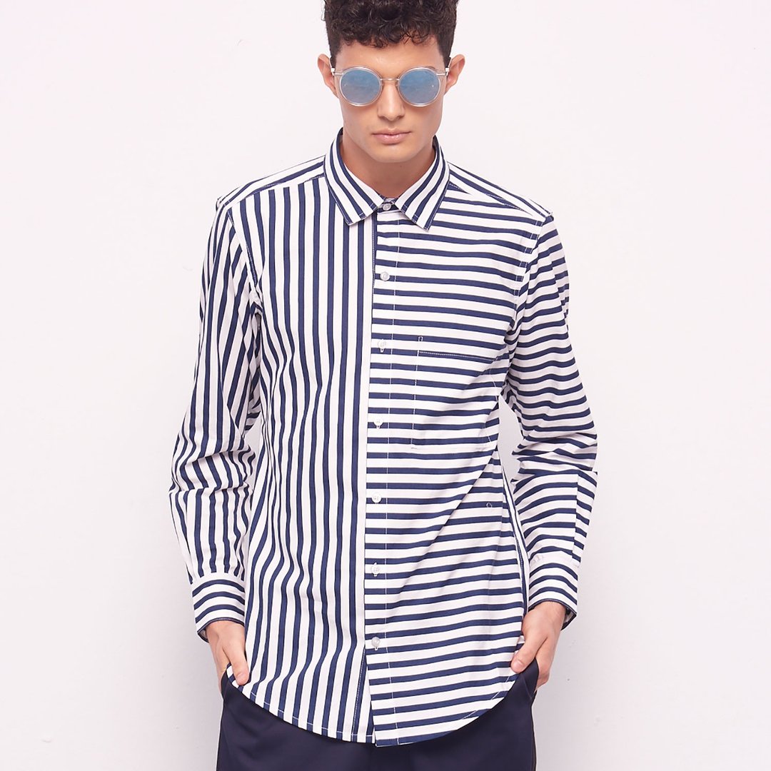 Stone@s Printed Shirts / 深蓝条纹 拼接衬衫 - 男装衬衫 - 棉 蓝色
