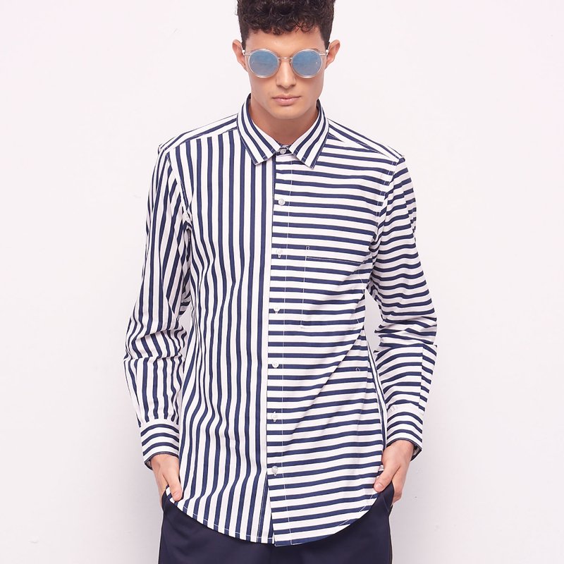 Stone@s Printed Shirts / 深蓝条纹 拼接衬衫 - 男装衬衫 - 棉．麻 蓝色