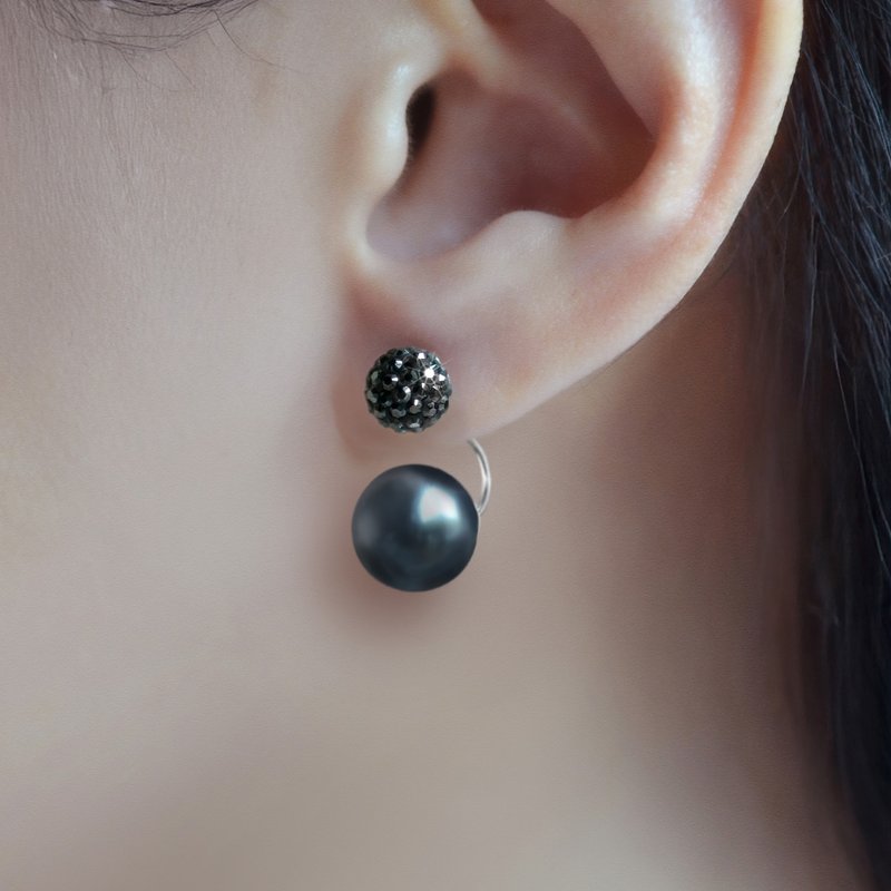 奥地利赤铁矿密镶黑钻与深灰水晶珍珠耳针 - 耳环/耳夹 - 水晶 