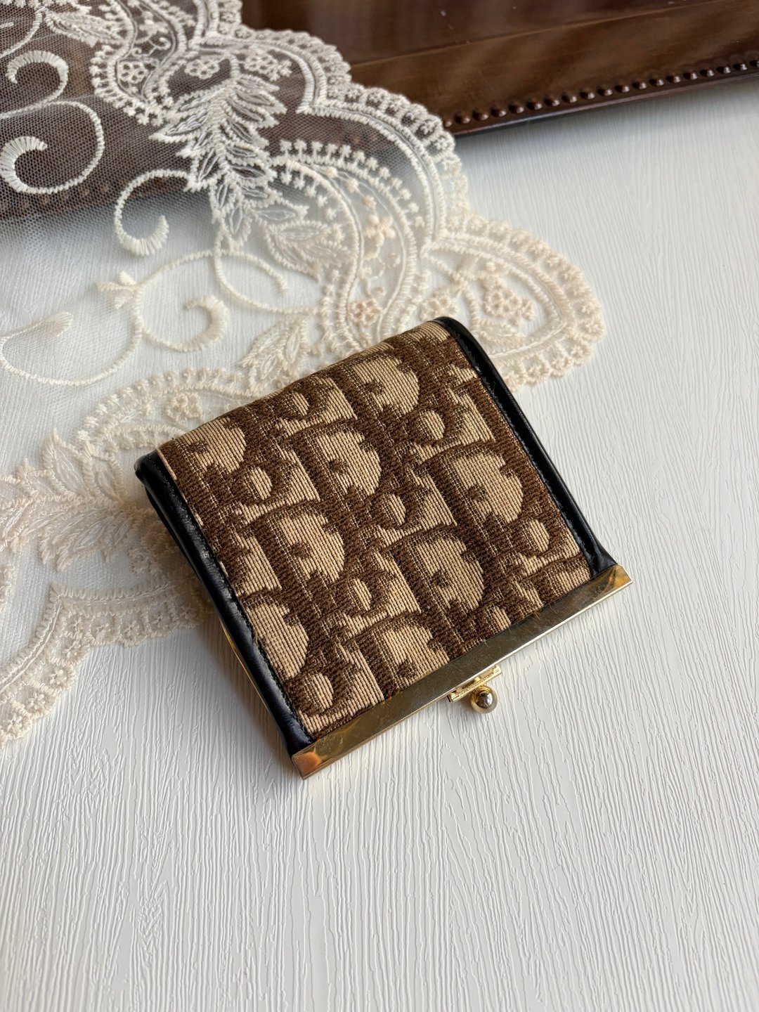 中古正品 Christian Dior 迪奥零钱包 口金包  古董包 钱包 复古包 - 零钱包 - 真皮 咖啡色