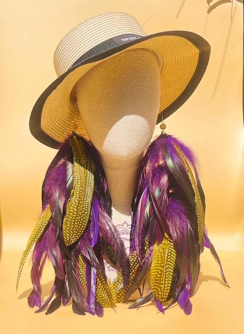 惊艳的紫色和黄色圆点羽毛长耳环 - 耳环/耳夹 - 其他材质 紫色