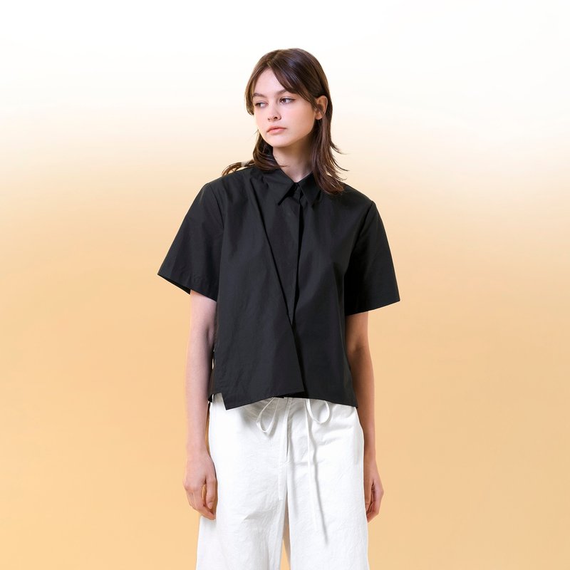 前短后长斜褶衬衫 - 女装衬衫 - 棉．麻 黑色
