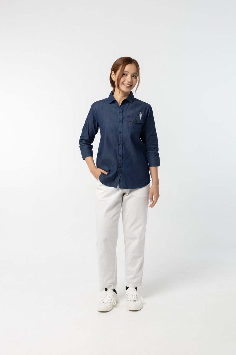 Indigo 工作衬衫 : 3/4 袖长 (靛蓝色, น้ําเงินอินดิโก) 长袖衬衫 - 女装衬衫 - 棉 蓝色