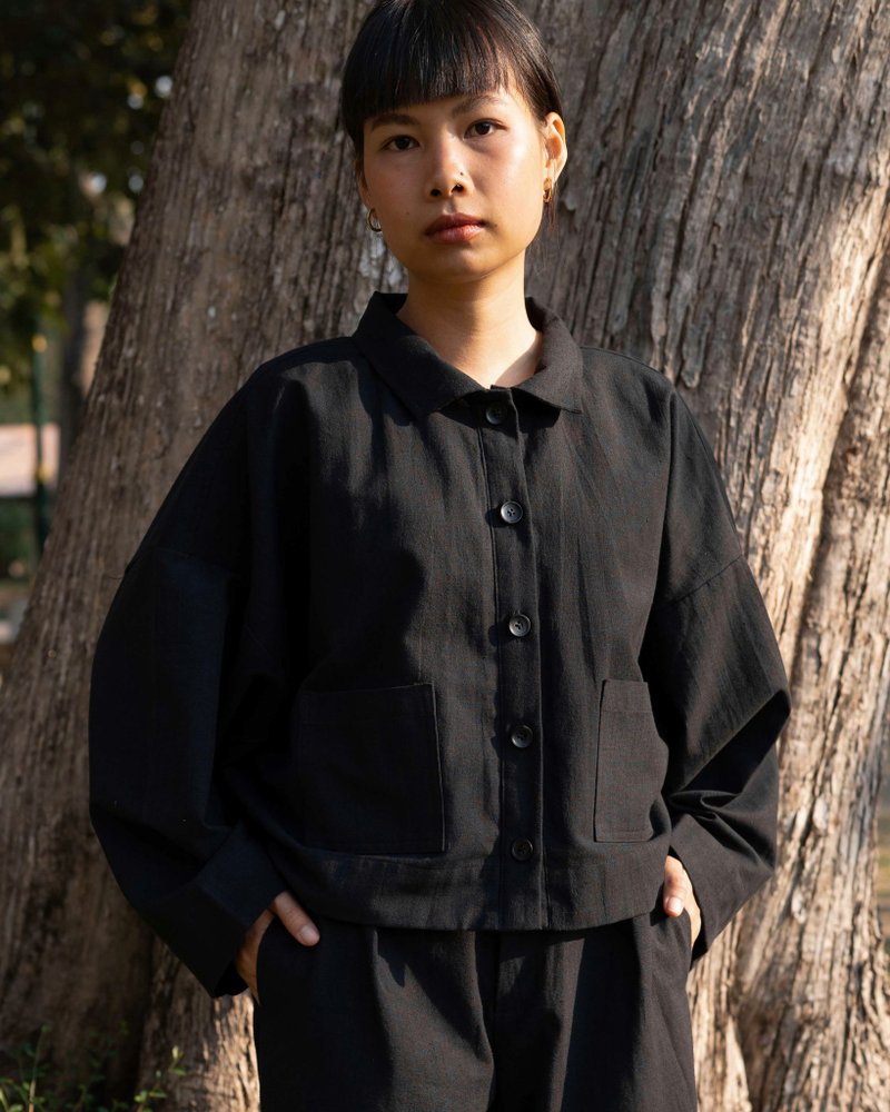 Black Ray Shirt - 手工编织长袖衬衫 - 女装衬衫 - 棉．麻 黑色