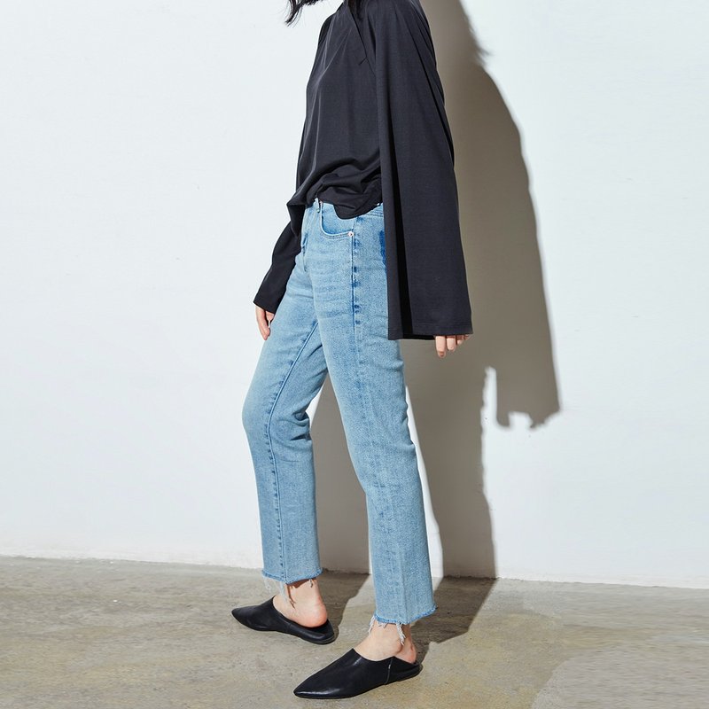 杲果GAOGUO原创设计女装 20夏新款丝棉廓形圆领斜开扣阔袖长袖T恤 - 女装 T 恤 - 丝．绢 蓝色