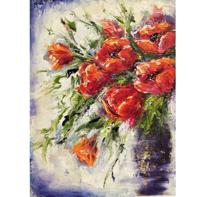 Poppies Painting Floral Original Art Flowers Wall Art 40x30 cm/ 16 by 12 inch - 墙贴/壁贴 - 棉．麻 多色