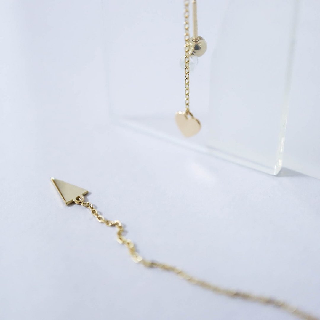 转珠 14K 耳线耳环 爱心 三角 垂坠耳环 耳线 黄K金 - 耳环/耳夹 - 贵金属 