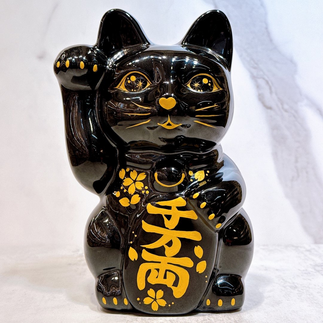 【黑耀金樱】日本清水烧招财猫 | 色绘 黑地金樱 特大 - 摆饰 - 瓷 黑色
