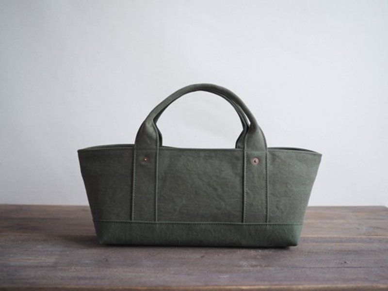 Made-to-order [ARMY DUCK] Shikaku tote with lid Yokonaga khaki drive - 手提包/手提袋 - 棉 绿色