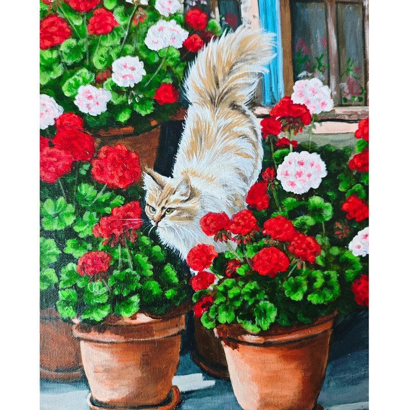 天竺葵丛中的毛茸茸猫咪 原创宠物画作 猫咪艺术作品 作者 RinaAr - 墙贴/壁贴 - 其他材质 多色