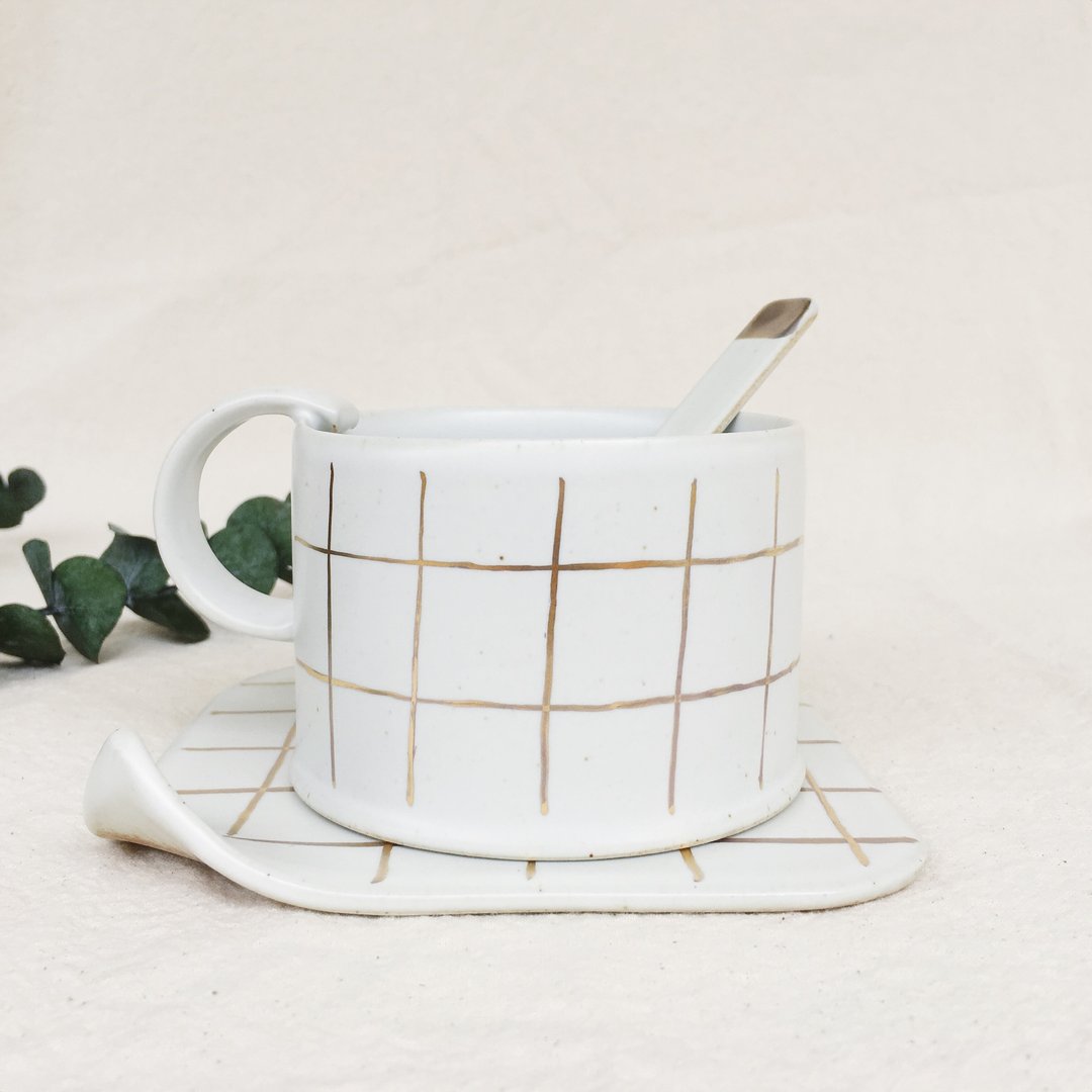 简约描金手作咖啡杯－格子 - 咖啡杯/马克杯 - 瓷 金色